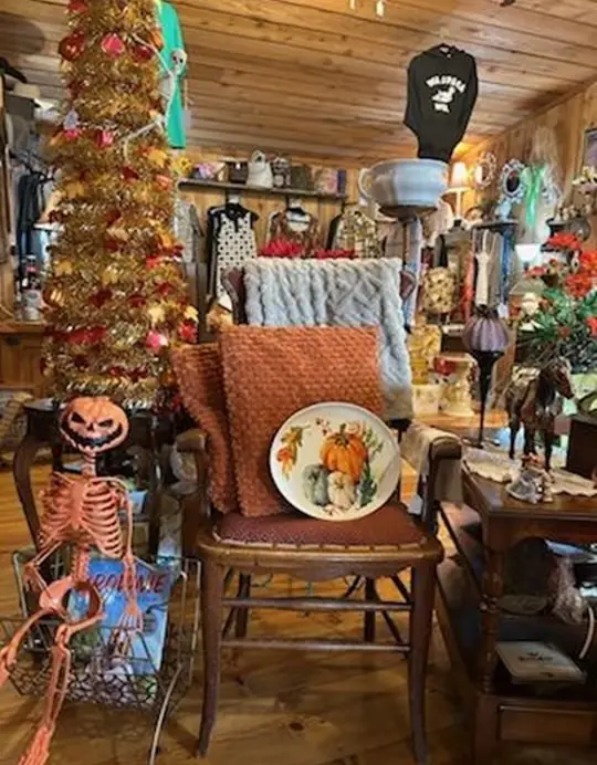 Holiday corner inside Chaintiques with a gold tinsel tree, a skeleton decoration, and a wooden chair holding a pumpkin plate